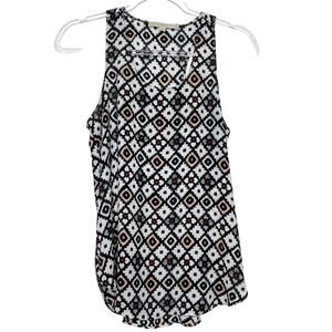LOFT Geo Print Sleeveless Tunic Blouse Tank Top Scoop Neck Black White Size SP